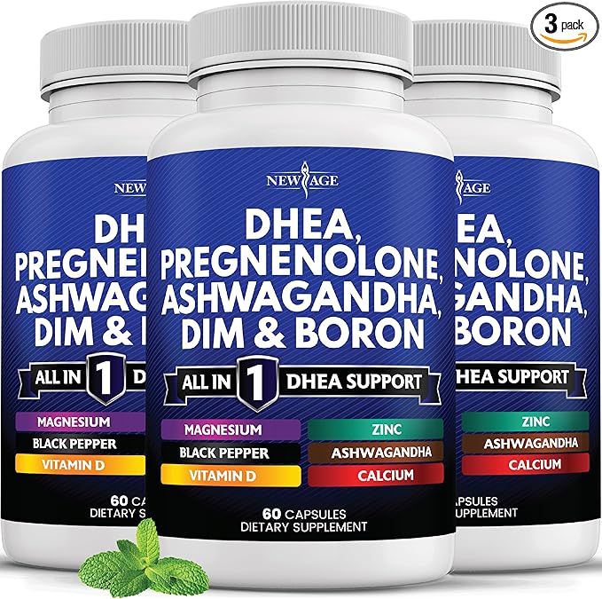 NEW AGE DHEA Supplement - Pregnenolone for Men &amp Women with DIM Ashwagandha Boron Calcium Magnesium Zinc Vitamin D3 5000iu - Support Capsules - 180 Count
