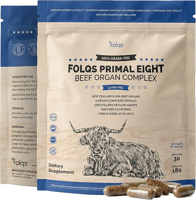 Grass Fed Beef Organ Supplement 3000mg (8 Organs) - Bone Marrow Thymus Liver Heart Kidney Trachea Spleen Lung - Freeze-Dried - 180 Capsules (30 Servings)