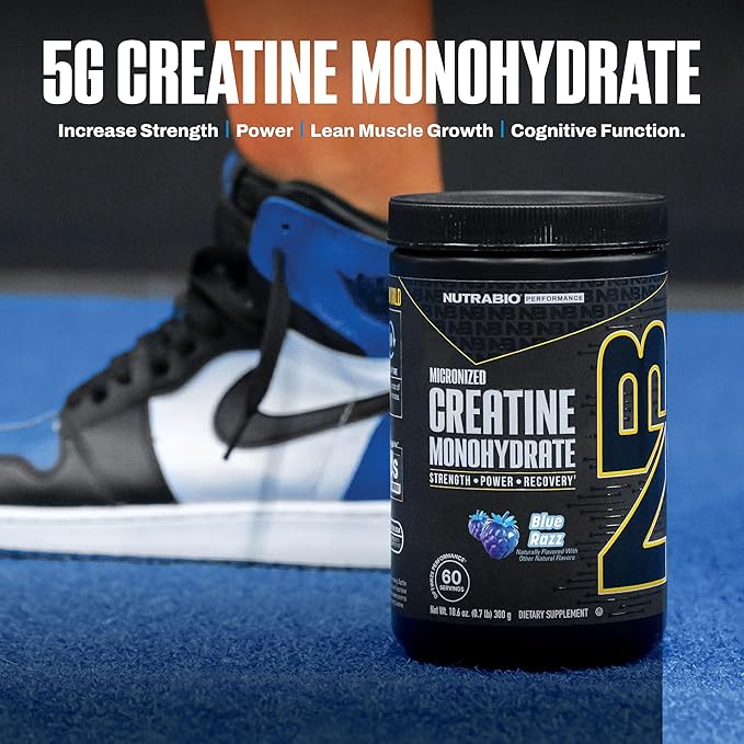NutraBio Pure Micronized Creatine Monohydrate Powder Supplement Blue Razz (300 g) - Supports Bulk Muscle Energy Recovery and Strength - HPLC Tested Creatine Powder Supplement for Men and Women