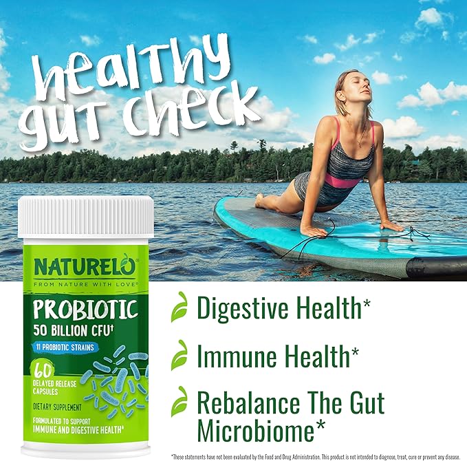 NATURELO Probiotics for Digestive Health - 50 Billion CFU 11 Strains Daily Use Supplement - Boosts Immune System Delayed Release No-Fridge 60 Vegetarian Capsules (Pack of 2)