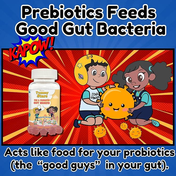Tummy Stars Kids Multivitamin Gummies with Prebiotic &amp Probiotic + Fiber | Kids Vitamins for Gut Health Digestion Regularity &amp Immune Support | Vegan Children’s Gummies 60 Count