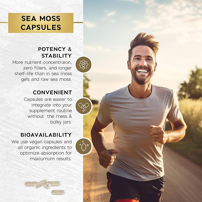 Sea Moss Black Seed Oil Ashwagandha Turmeric Bladderwrack Burdock - with Manuka Honey Dandelion ACV Black Pepper Gluten Free- 120 Count