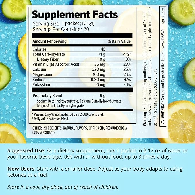 Dr. Boz - Keto BHB Powder - Cucumber Lemon 20 Packets - Ketones Drink - Increase Energy &amp Reduce Cravings - Max Strength Dietary Supplement - Quality Tested - Made in The USA - 7.4oz (210g)