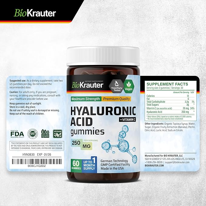 BIO KRAUTER® Hyaluronic Acid with Vitamin С for Skin Hydration Support - Vegan Hyaluronic Acid Supplements 250 mg Strength for Beauty &amp Collagen Support - 60 Gummies Non-GMO Banana Flavor