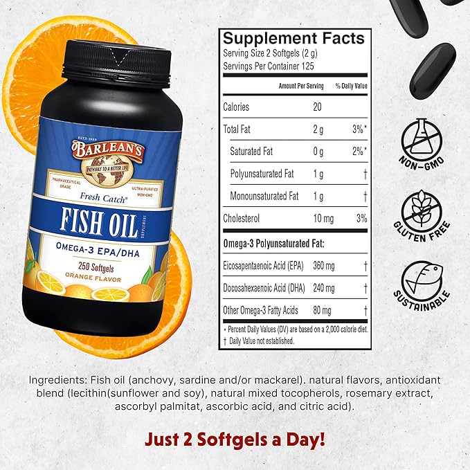 Barlean's Omega 3 Fish Oil Supplements 600mg Fish Oil Pills with EPA &amp DHA Softgels for Joint Brain &amp Heart Health Orange Flavored 250 Count