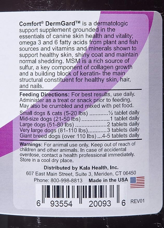 Kala Health Comfort DermGard Skin and Coat Supplement for Dogs 150 Count Supports Healthy Skin Shiny &amp Reduce Excessive Shedding Contains MSM Fish Oil &amp Omega 3 6 and 9 Essential Fatty