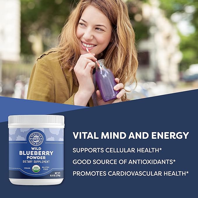 Vimergy Wild Blueberry Powder –Protects Brain Health* - Supports Cardiovascular Function* – USDA Organic Vegan &amp Gluten-Free – 250g