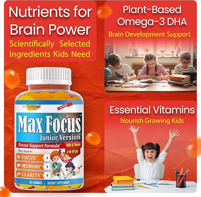 Max Focus Gummies for Kids &amp Teens | Omega 3 for Kids Gummies | DHA Kids Vitamin Gummies for Brain Support | Teen Vitamin | Concentration &amp Learning Support for Children Pre-Teens – 60 Gummie