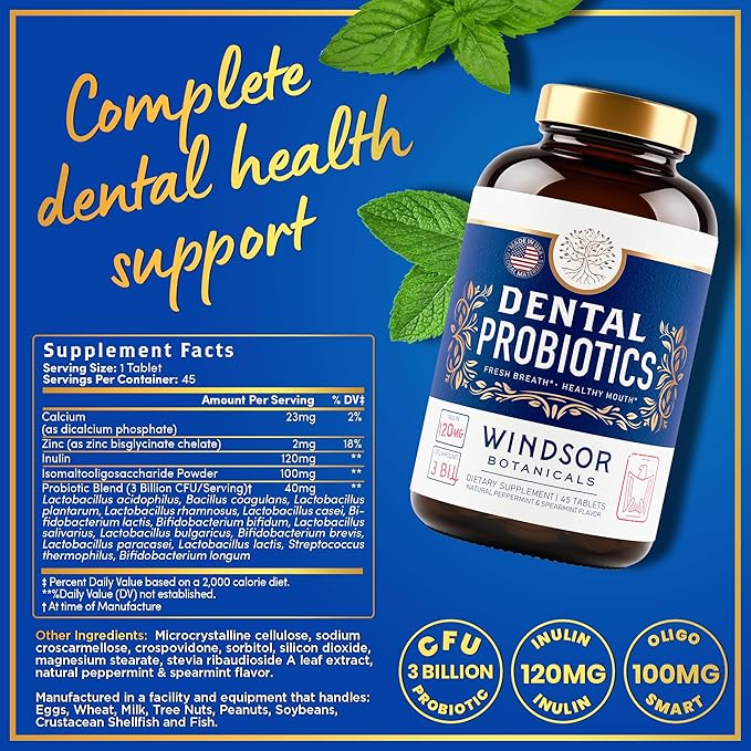 Oral Probiotics for Teeth and Gums - 3BN CFU Lactobacillus Salivarius Paracasei K12 Pro B Inulin Dental Probiotics for Bad Breath Treatment Gum Health - 90 Best Breath Oral Probiotic Mint Tablets