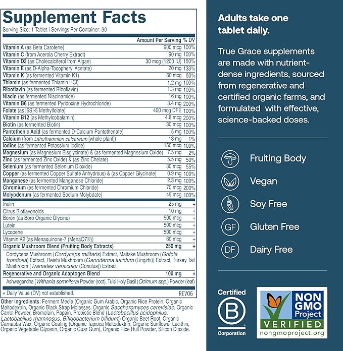 True Grace One Daily Men’s Multivitamin Fermented Minerals Organic Adaptogens &amp Mushrooms Whole Body Balance Immune Endurance Bone &amp Heart Support - Non-GMO Gluten Free - 30 Vegan Tablets