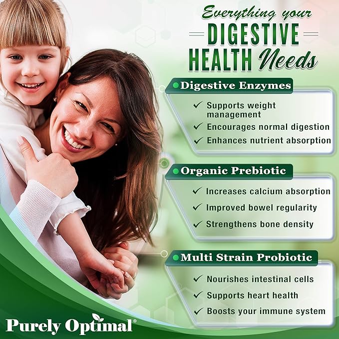 Purely Optimal Digestive Enzymes for Women and Men – Multi-Enzyme Supplement for Bloating Relief Digestion and Heavy Meal Support – with Probiotics and Prebiotics for Gut Health – 180 Capsules