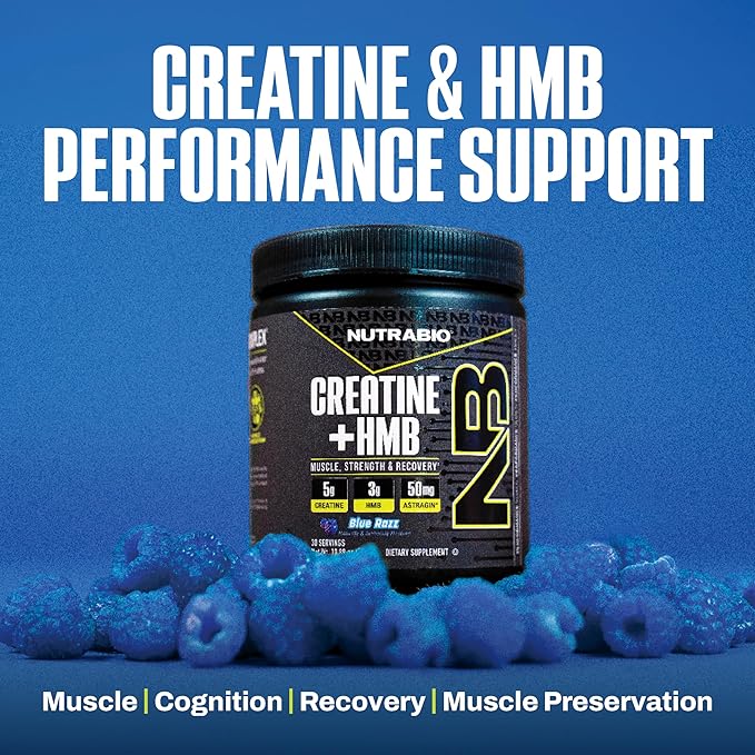 NutraBio Creatine + HMB- Creatine Monohydrate with HMB Powder for Muscle Growth Increased Strength- 30 Servings (Blue Razz)