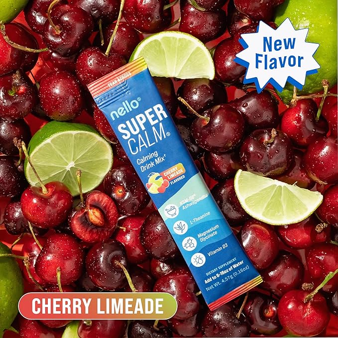 Nello Supercalm Powdered Drink Mix Cortisol Reducer* and Sleep Aid Supplement L Theanine Ksm-66 Ashwagandha Magnesium Glycinate Vitamin D 3 No Sugar Non GMO On The Go 20 Ct Cherry Limeade