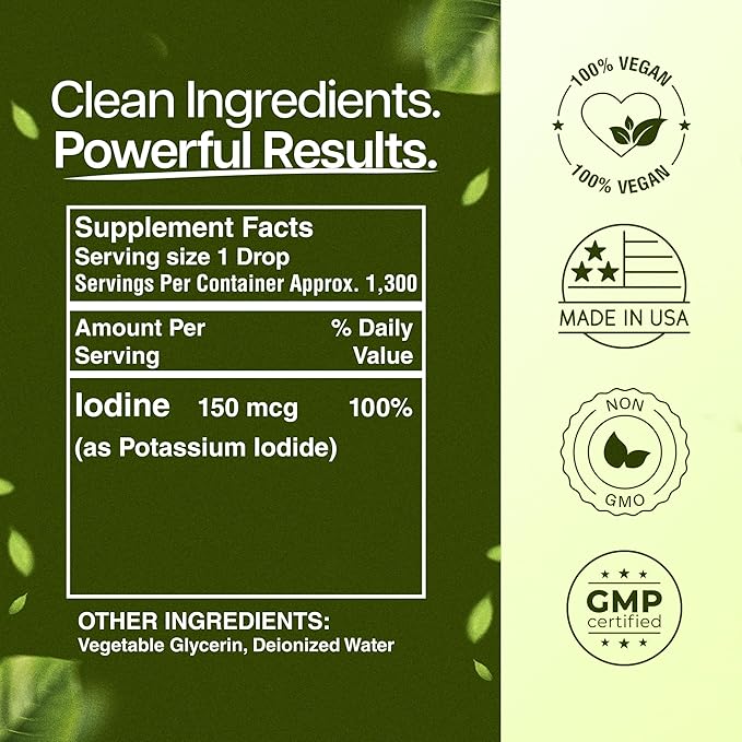 Liquid Iodine Drops – 1300 Servings Potassium Iodide for Thyroid Metabolism &amp Detox Support – 2X Absorption – 1 Year Supply – USA Made Gluten Free Vegan – 2 Fl Oz