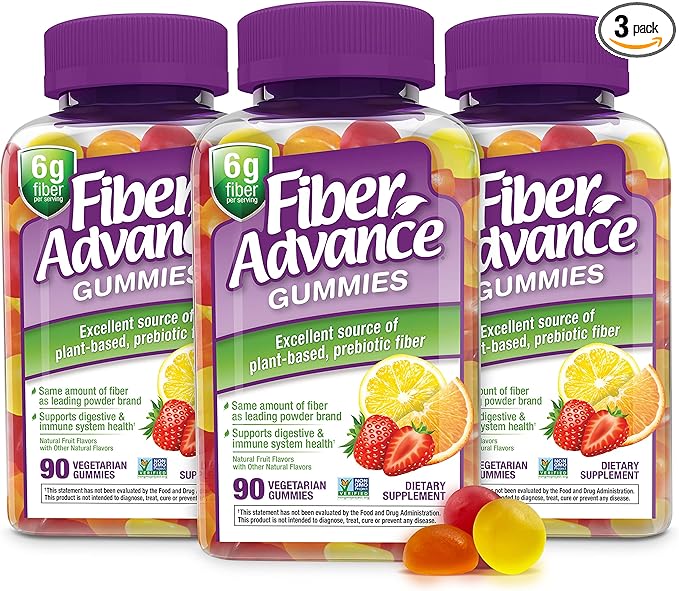 Fiber Advance Gummies | 100% Plant Based Fiber Supplement for Digestive Health | Chicory Root Inulin Prebiotic Gummies for Adults | Gluten Free Vegetarian &amp Non-GMO (Pack of 3)