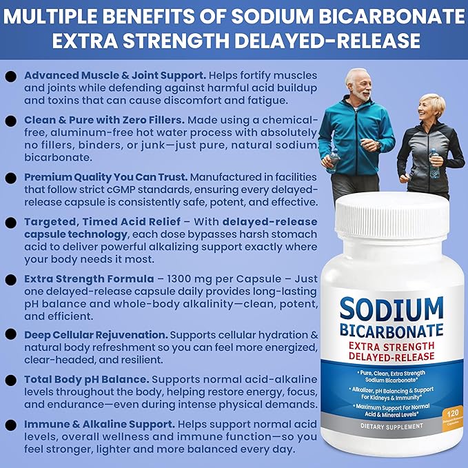 Sodium Bicarbonate Capsules Extra Strength 1300mg Organic Use Sodium Bicarbonate Tablets. Pure Bicarbonate of Soda Strongest Pill of Bicarbonato De Sodio para Tomar Available 120 Sodium Tablets
