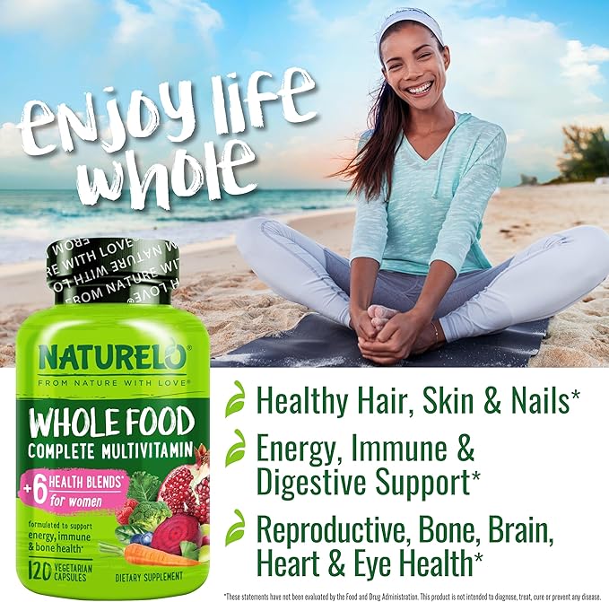 NATURELO Whole Food Multivitamin for Women - with Vitamins Minerals &amp Organic Extracts - Supplement for Energy and Heart Health - Non GMO - 120 Vegan Capsules