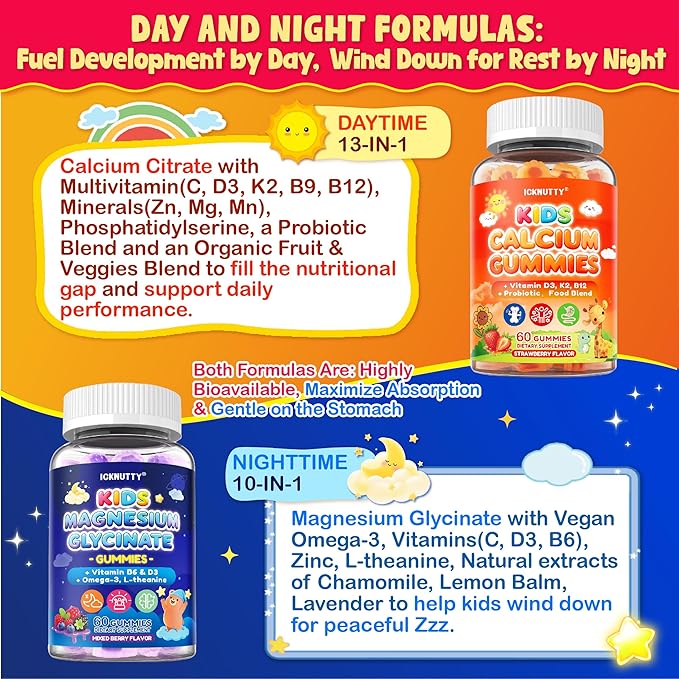 Kids Calcium Magnesium Supplement Gummies - Calcium Citrate 800mg with Magnesium Glycinate 200mg L-Theanine Vitamin D3 K2 &amp Omega-3 Multivitamin for Kids Day &amp Night Gummies - Vegan Sugar F