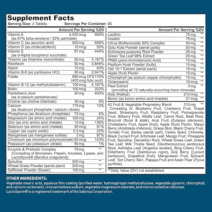 Dr. Tobias Adult Multivitamin for Women &amp Men Immune Supporting Vitamins from 42 Fruits Vegetables Plus Probiotics Vegan Multivitamins for Men &amp Women Non-GMO 180 Tablets 60 Servings