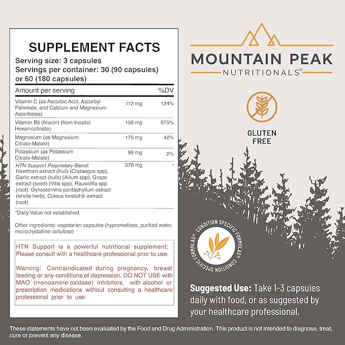 Mountain Peak Nutritionals HTN Blood Pressure Support Supplement for Heart &amp Circulation Health - Advanced Cardiovascular Formula with Rauwolfia Hawthorn Berry &amp Magnesium (180 Vegetarian Ca