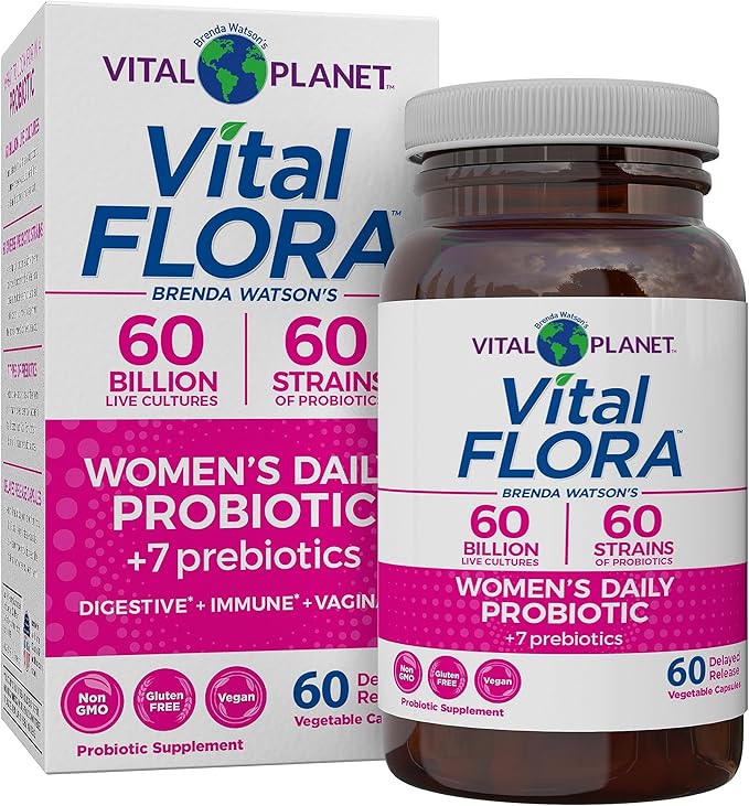 Vital Planet - Vital Flora Women’s Daily Probiotic 60 Billion CFU 60 Diverse Strains 7 Organic Prebiotics Vaginal and Immune Support Bloating Digestive Health Probiotics for Women 60 Capsules