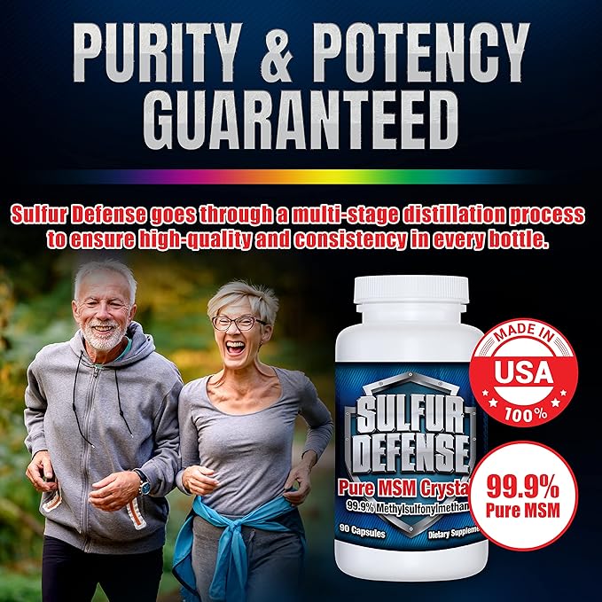 Sulfur Defense Opti-MSM 99.9% Pure MSM Powder Capsules Made in USA Organic Methylsulfonylmethane Non-GMO Gluten-Free Immune System Booster Soothes Joint Pain Younger Skin Hair Nails 90 caps