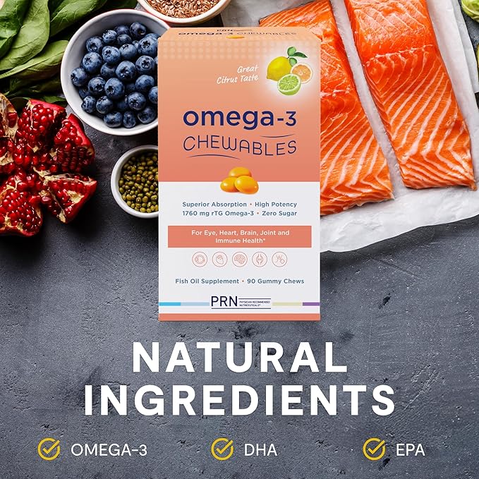 Omega 3 Gummy Chewables - 90 Gel Chews 30-Day Supply Citrus Flavor - 1760mg Ultra-Pure rTG Omega 3 for Eye Heart Brain Joint &amp Immune Health