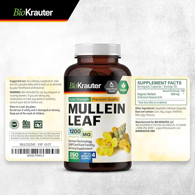 BIO KRAUTER Mullein Capsules 1200 mg 250 Caps - Pure Vegan Mullein Leaf Extract for Lungs - 125 Days of Supply - Lung Cleanse &amp Respiratory Support Supplements - No Fillers Non-GMO