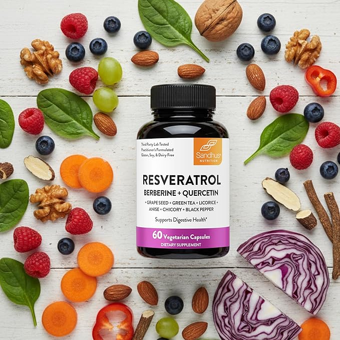 Resveratrol with Berberine Supplement For Gut Health Support | 240 Digestive Capsules For Women &amp Men | With Green Tea Extract Star Anise DGL Grape Seed Quercetin | Helps Ease Bloating &amp D