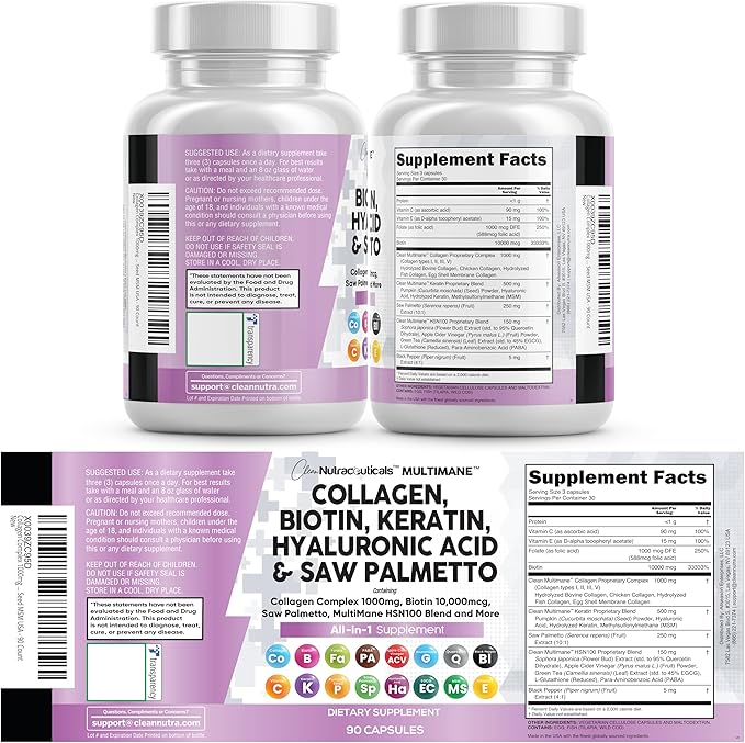 Clean Nutraceuticals Collagen Pills 1000mg Biotin 10000mcg Keratin Saw Palmetto Hyaluronic Acid - Hair Skin &amp Nails Vitamins &amp DHT Blocker (90 Count (Pack of 2))