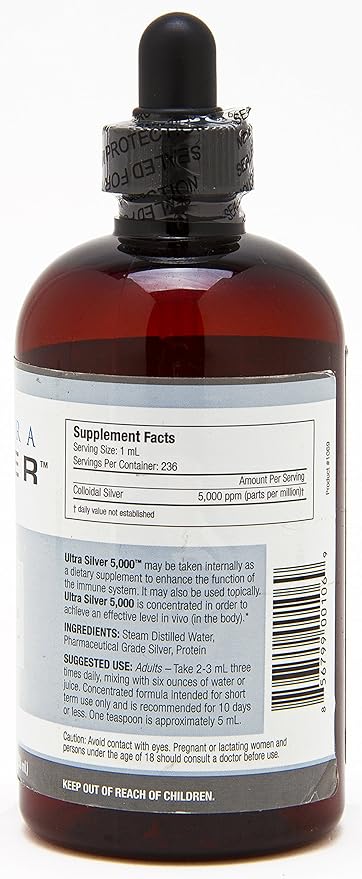 Ultra Silver® Colloidal Silver | 5000 PPM 8 Oz (236mL) | Ships as (2) 4 Ounce Glass Bottles | Mineral Supplement | True Colloidal Silver - with Dropper