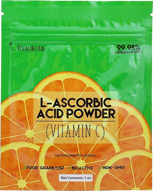 Duda Energy asc01oz Bag of L-Ascorbic Acid Powder 99+% Food Grade USP36/BP2012 Naturally Fermented Pure Crystals Form of Vitamin C 1 oz. White