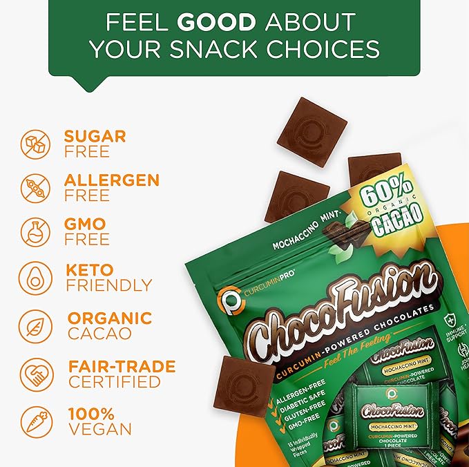 CurcuminPro ChocoFusion Moccachino Mint 2 Pack | The World's Only BioSoluble Curcumin | Made from Organic Turmeric | Vegan Allergen Free Sugar Free Keto Friendly Organic Non-GMO Chocolates