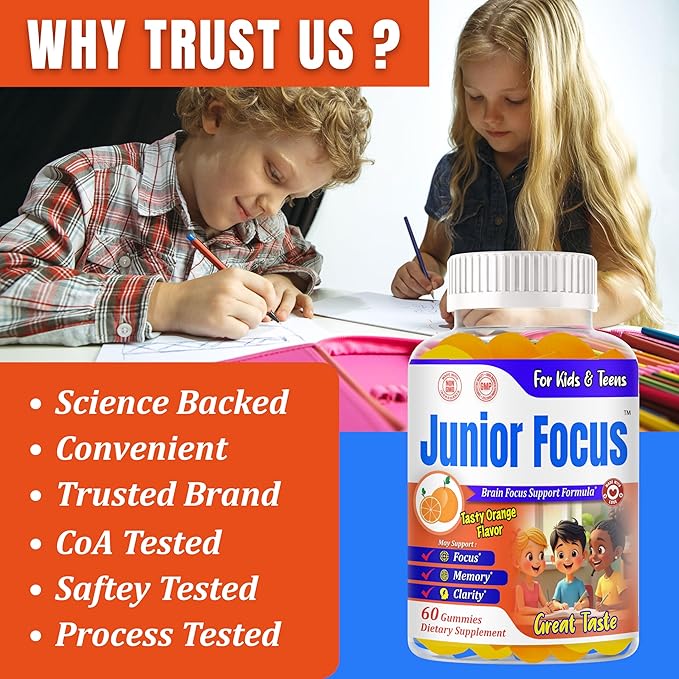 Focus Gummies for Kids and Teens – Kids Omega 3 Brain Support Gummies Vitamins for Kids – Brain Focus Supplements Kids Vitamin Gummies – Orange Flavor 60 Gummy Vitamins for Teens
