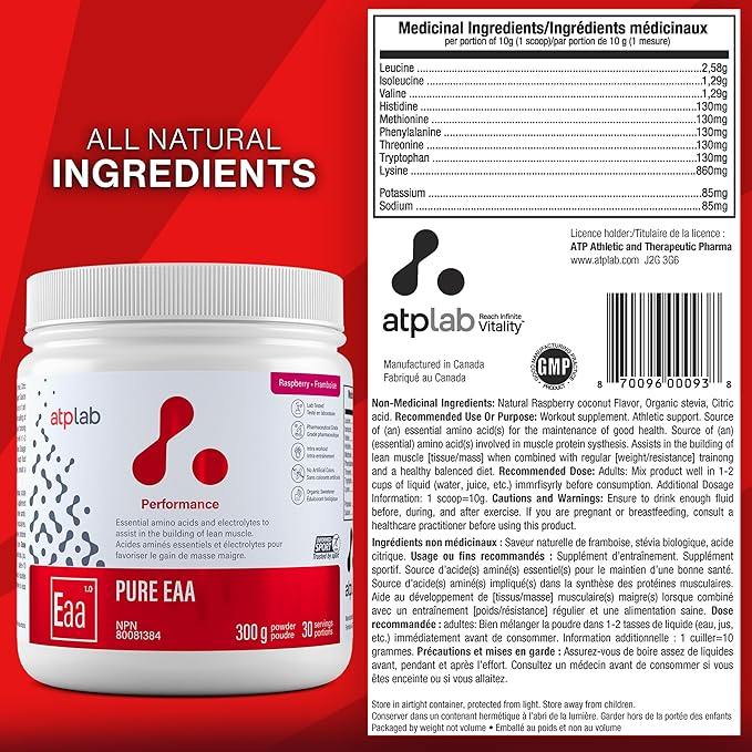 ATP LAB Pure EAA Powder 300g - Raspberry Flavor - Complete 11 EAAs Blend - L-Lysine &amp L-Methionine Supplement - Essential Amino Acids with Electrolytes for Active Living and Post-Exercise Support