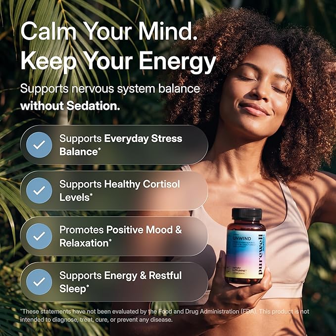 Unwind - Cortisol Supplements for Women - 60 Vegan Capsules - L Theanine Supplement + Magnesium + Rhodiola Rosea Extract + Zinc + Vitamin B6