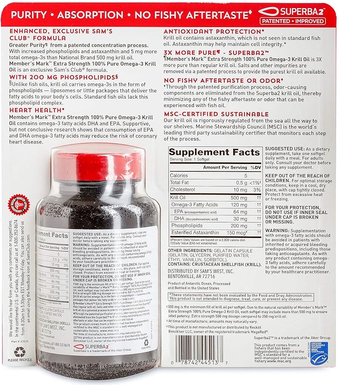 Member’s Mark Extra Strength 100% Pure Omega-3 Krill Oil (Pack of 2)