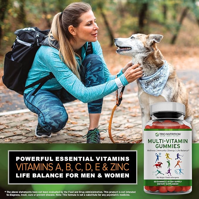 TRIO NUTRITION Daily Multivitamin Gummies for Men &amp Women - Natural Fruit Flavor with Essential Vitamins A B C D E &amp Zinc - No Major Allergens Immune Support &amp Energy Boost Supplement
