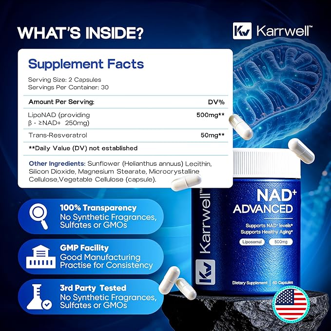 NAD+ Advanced 500MG Liposomal NAD+ with Resveratrol - NAD Supplement for Men &amp Women - NMN Alternative for Cellular Energy &amp Healthy Aging - 60 Capsules 30 Day Supply