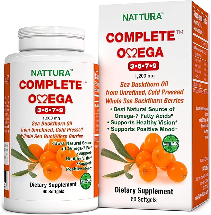 Nattura Complete Omega 3-6-7-9 Pure Sea Buckthorn Oil European Quality from Unrefined Cold Pressed Whole Sea Buckthorn Wild Berries - 1200mg - 2 Bottles
