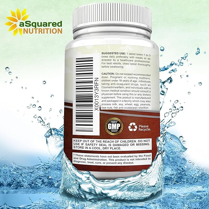 aSquared Nutrition Vitamin D3 with K2 Supplement-180 Chewable Tablets Max Strength D-3 Cholecalciferol &amp K-2 MK7 to Support Healthy Bones Teeth Heart -Antioxidant D3 &amp K2 MK-7 Energy Formul