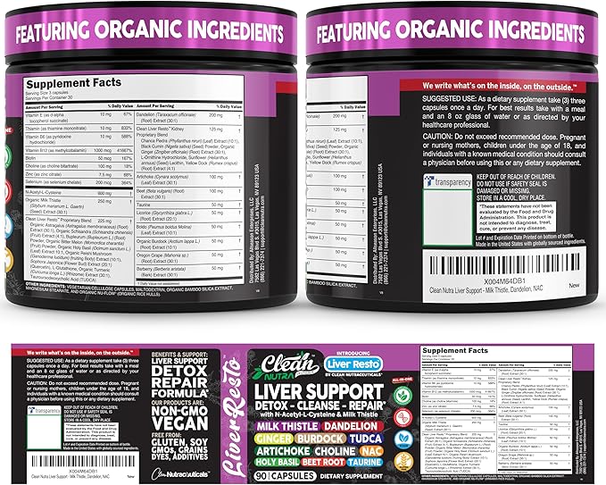 Clean Nutraceuticals Liver Cleanse Detox &amp Repair | Milk Thistle Supplement + NAC TUDCA Dandelion Root Artichoke Choline Ginger Beet Root Burdock Taurine Liver Support 90 Capsules