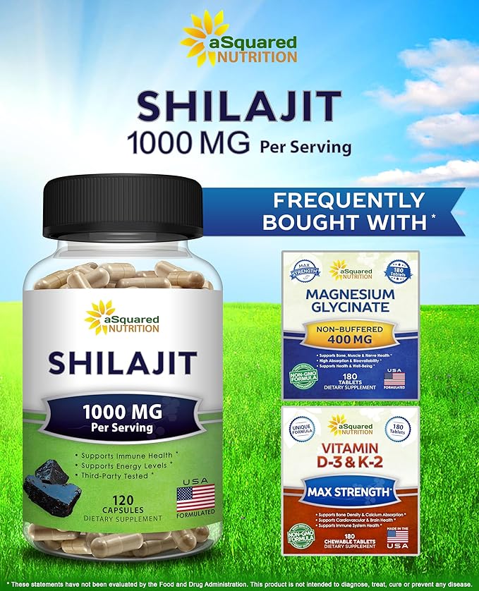 aSquared Nutrition Shilajit 1000mg - 120 Capsules - Pure Shilajit Extract Supplement and Powder Complex Pills - Natural Humic &amp Fulvic Acid &amp Trace Minerals - Alternative to Resin &amp Drops