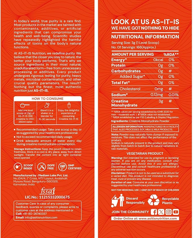 AS-IT-IS Nutrition Creatine Monohydrate 500gms/17.6 Oz | USA Labdoor Certified for Accuracy &amp Purity No Preservatives Gluten-free Vegan Friendly Post-workout Supplement