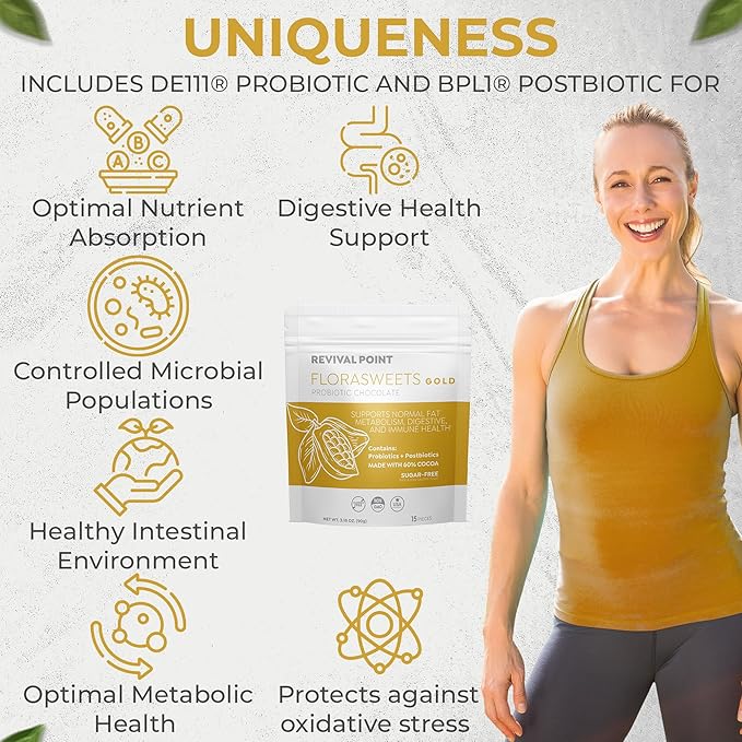 Florasweets Gold Chocolate Bites with Probiotic + Postbiotic Stains DE111 &amp BPL1 - Indivally Wrapped - Supports Digestive &amp Gut Health Bacillus subtilis (3)