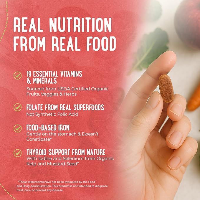 Mama Natural Organic Women's Multivitamin – Whole Food Based 1 A Day Vegan Tablet – USDA Organic Non-GMO Clean Label Multivitamin for Women – 30 Day Supply with Iron &amp Methylated B12