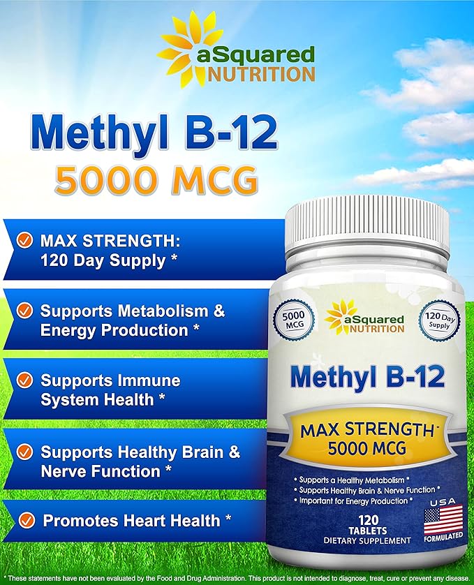aSquared Nutrition Vitamin B12-5000 MCG Supplement with Methylcobalamin (Methyl B-12) - Max Strength Vitamin B 12 Support to Help Boost Natural Energy Benefit Brain &amp Heart Function - 120 Tablets