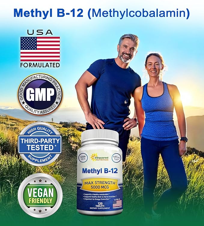 aSquared Nutrition Vitamin B12-5000 MCG Supplement with Methylcobalamin (Methyl B-12) - Max Strength Vitamin B 12 Support to Help Boost Natural Energy Benefit Brain &amp Heart Function - 120 Tablets