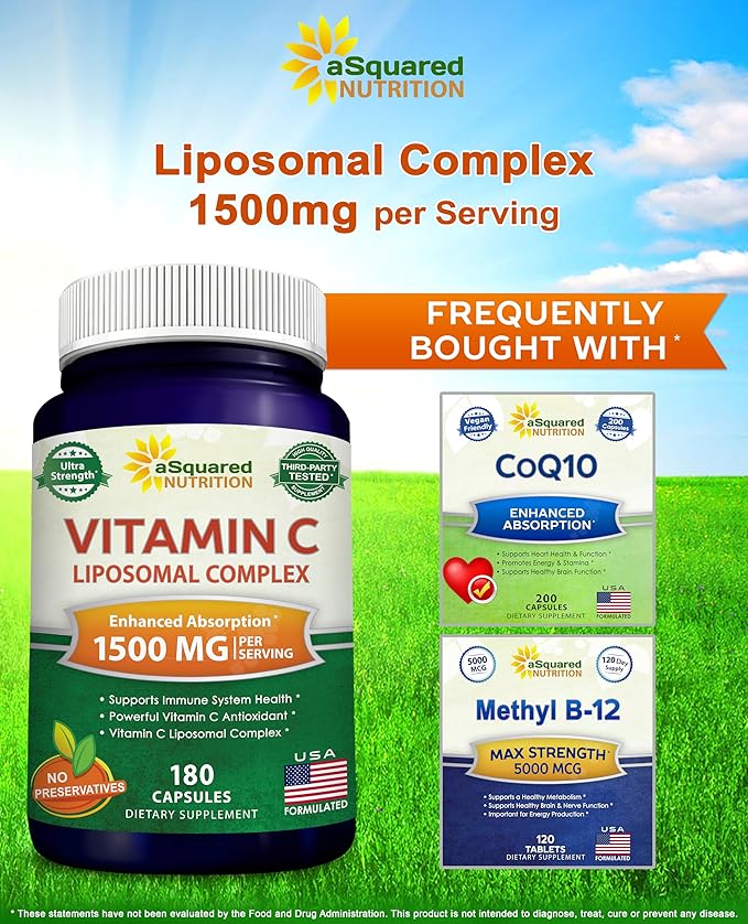 aSquared Nutrition Vitamin C Liposomal Complex - 1500mg Supplement - 180 Capsules - High Absorption VIT C Ascorbic Acid Pills - Supports Immune System &amp Collagen Health - 90 Servings