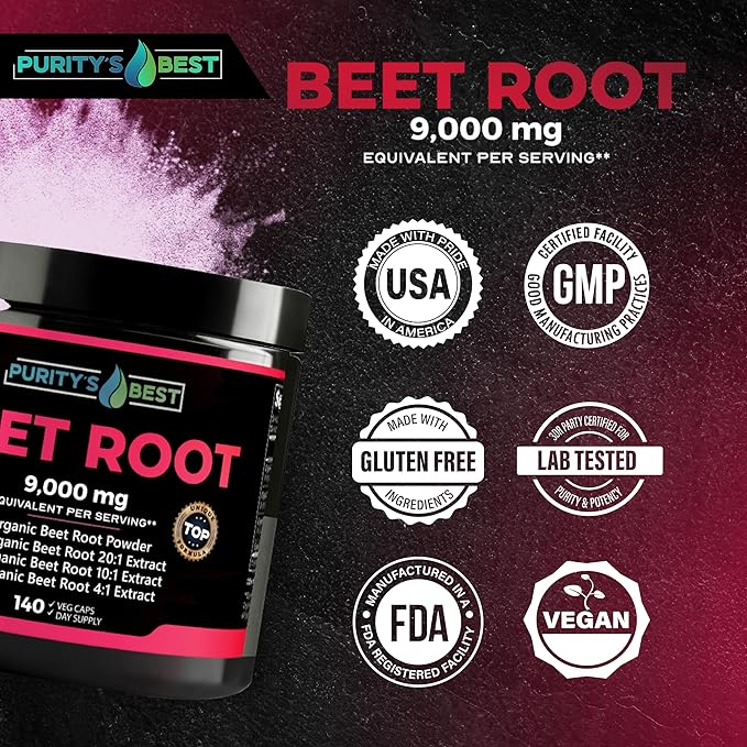 Purity's Best Beet Root Capsules 140 Veggie Pills Supports Blood Circulation - Helps Nitric Oxide Production Beet Root Extract Pure Non-GMO
